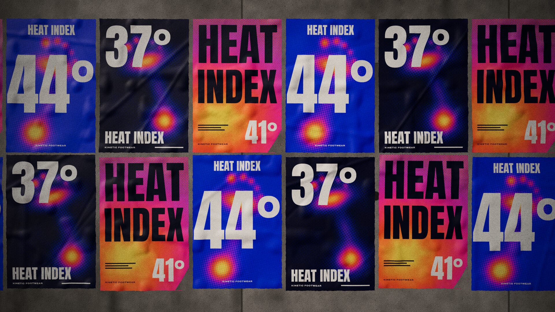 A wall of Heat Index posters in blue, pink and black — INSANE print work