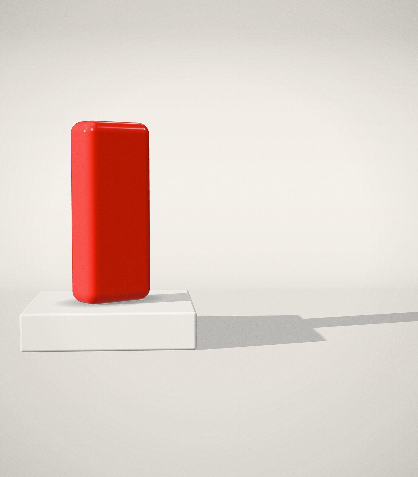 A glossy red object on a white plinth under hard studio light — INSANE 3D still